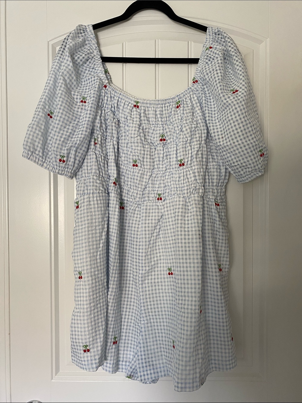 Baevely Plus Light Blue Gingham Cherry Embroidered Romper